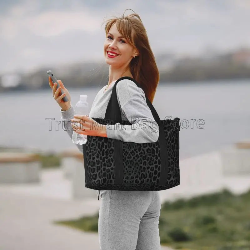 Black Leopard Print Travel Duffle Bag Large Waterproof Weekender Overnight Bags with Shoulder Strap Foldable Sports Gym Bag