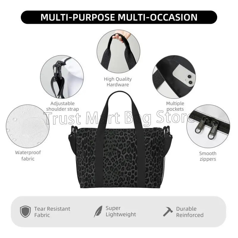 Black Leopard Print Travel Duffle Bag Large Waterproof Weekender Overnight Bags with Shoulder Strap Foldable Sports Gym Bag