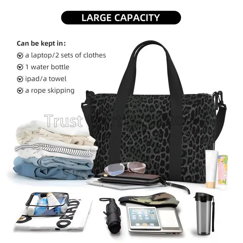 Black Leopard Print Travel Duffle Bag Large Waterproof Weekender Overnight Bags with Shoulder Strap Foldable Sports Gym Bag